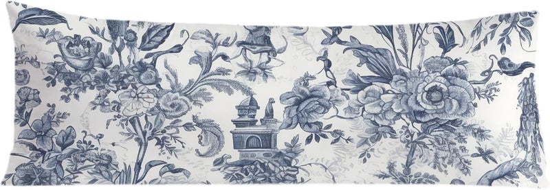 Exqcom Store Vintage Toile de Jouy Floral Body Pillow Covers 20x54, Blue and White Room Dorm Decor, Elegant Classical French Botanical Long Body Pillow Case Cover with Hidden Zipper for Women Men Adults - Image 1
